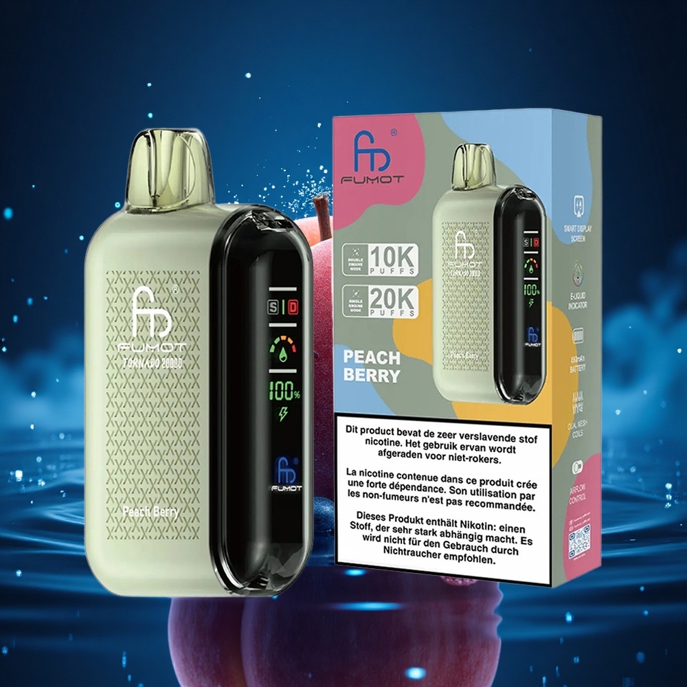 Fumot Tornado 20000 Puffs Durazno Baya Dual Malla 20ml Pantalla Inteligente