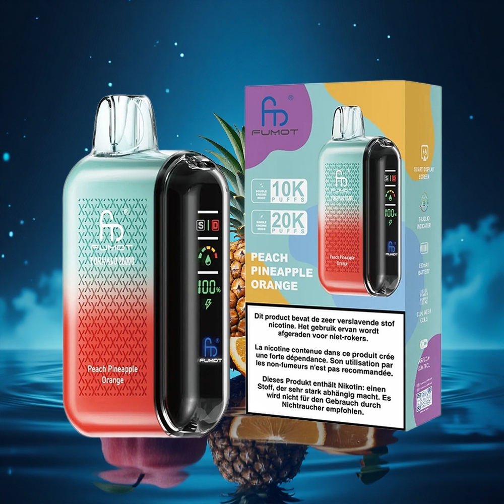 Fumot Tornado 20000 Puffs Durazno Piña Naranja con Doble Malla y Pantalla Inteligente