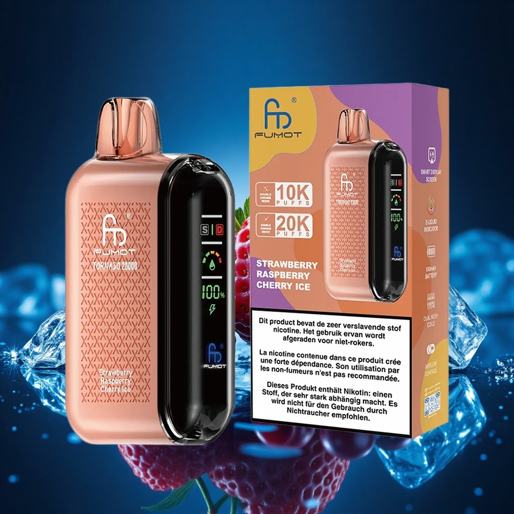 Fumot Tornado 20000 Puffs Helado de Fresa Frambuesa Cereza con Doble Malla y Control de Flujo de Aire