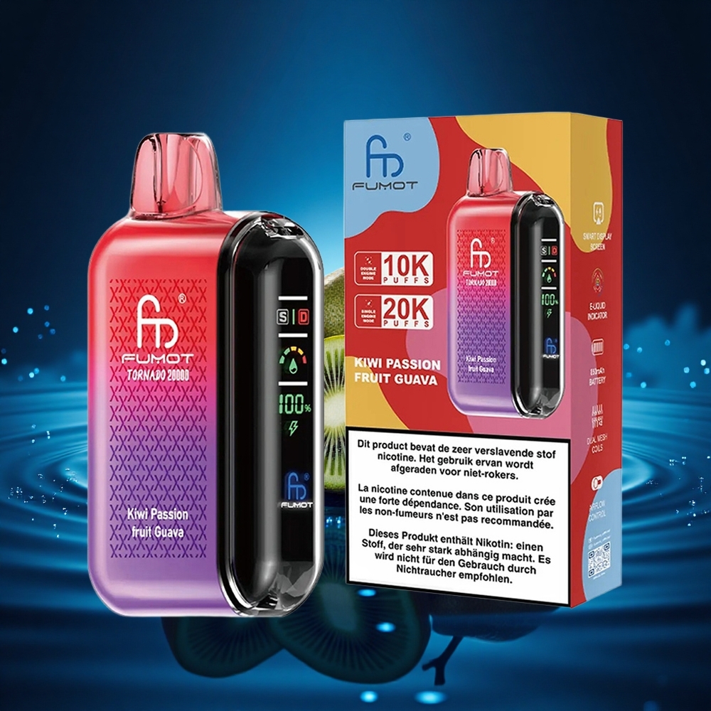 Fumot Tornado 20000 Puffs Maracuyá Kiwi Guayaba con Doble Bobina y Pantalla Inteligente