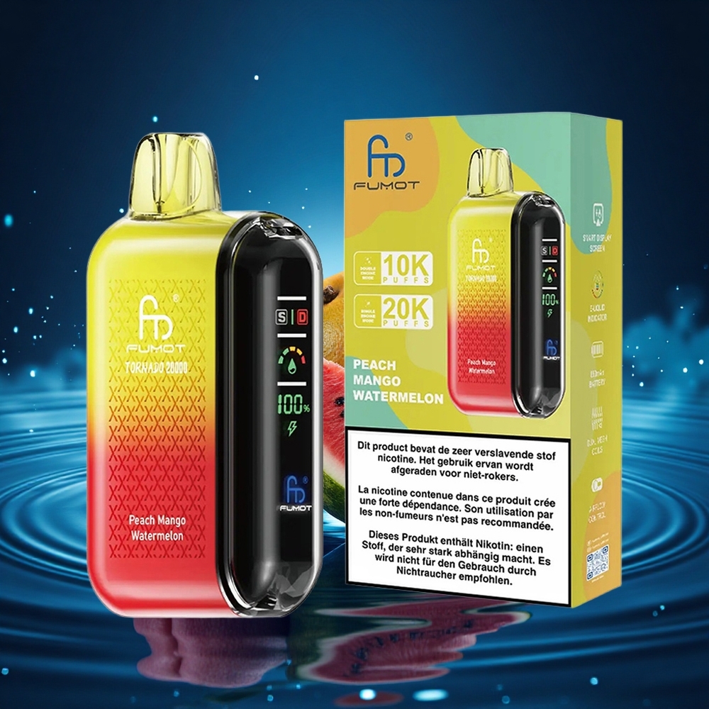 Fumot Tornado 20000 Puffs Melocotón Mango Sandía con Doble Malla y Control de Flujo de Aire