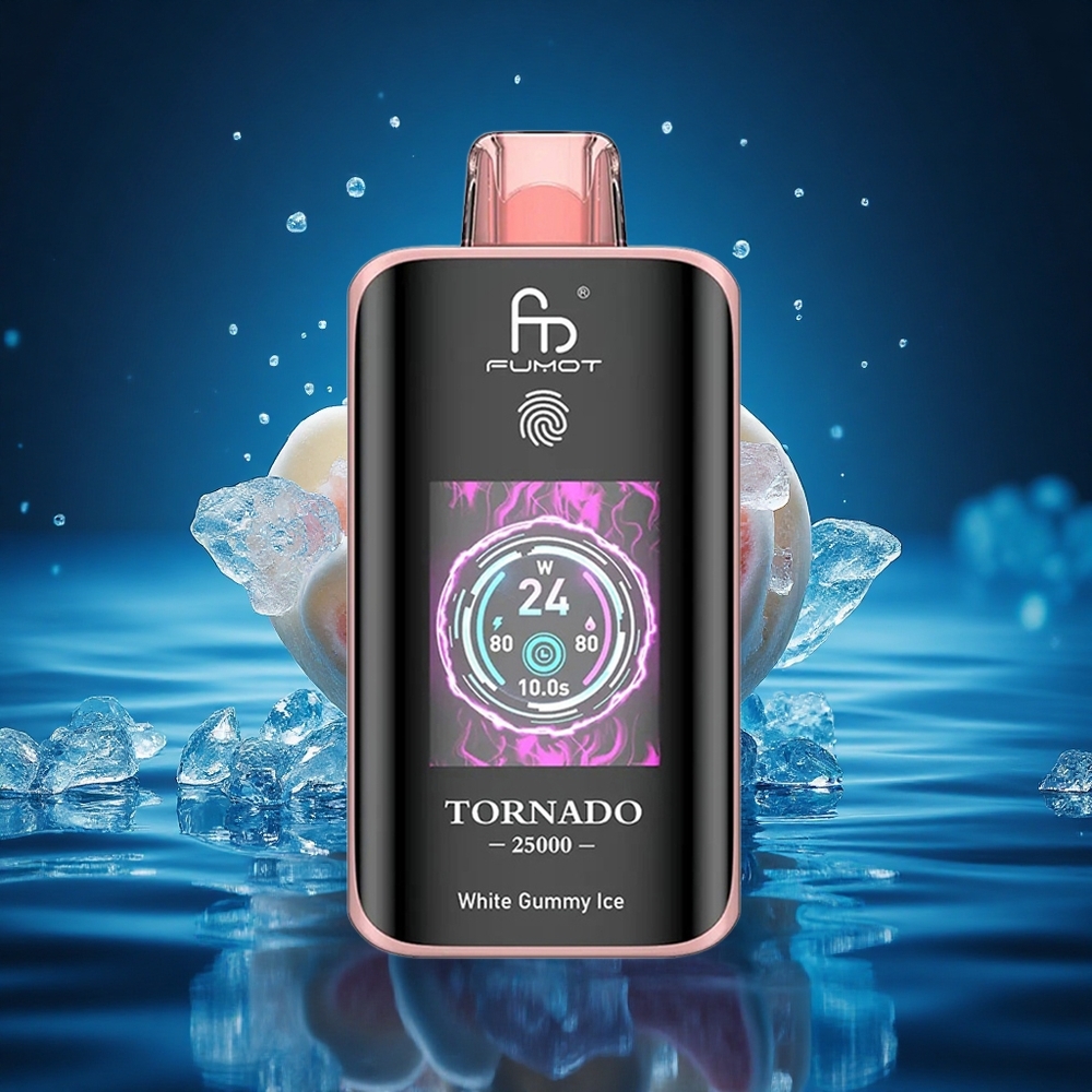 Fumot Tornado 25000 Puffs Gomita Blanca Hielo Pantalla HD Batería Recargable 700mAh