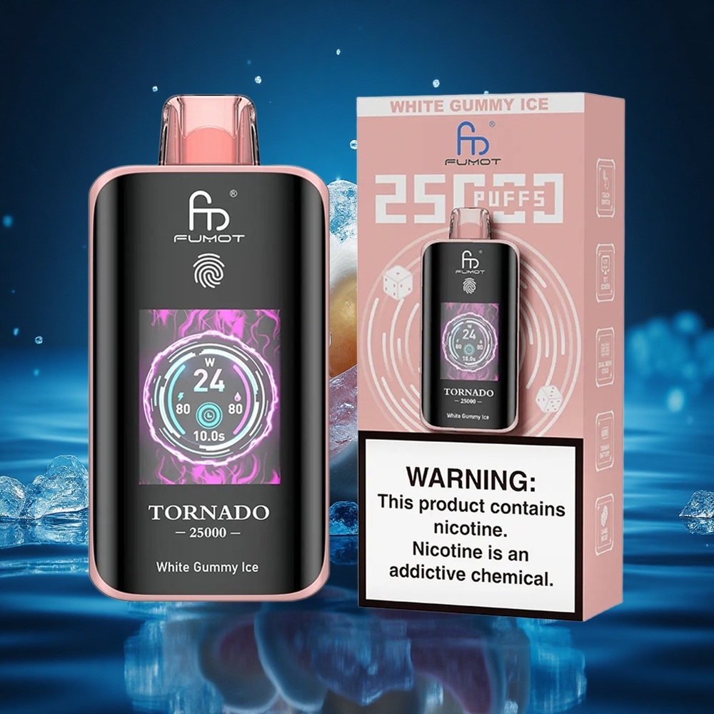 Fumot Tornado 25000 Puffs Gomita Blanca Hielo Pantalla HD Batería Recargable 700mAh
