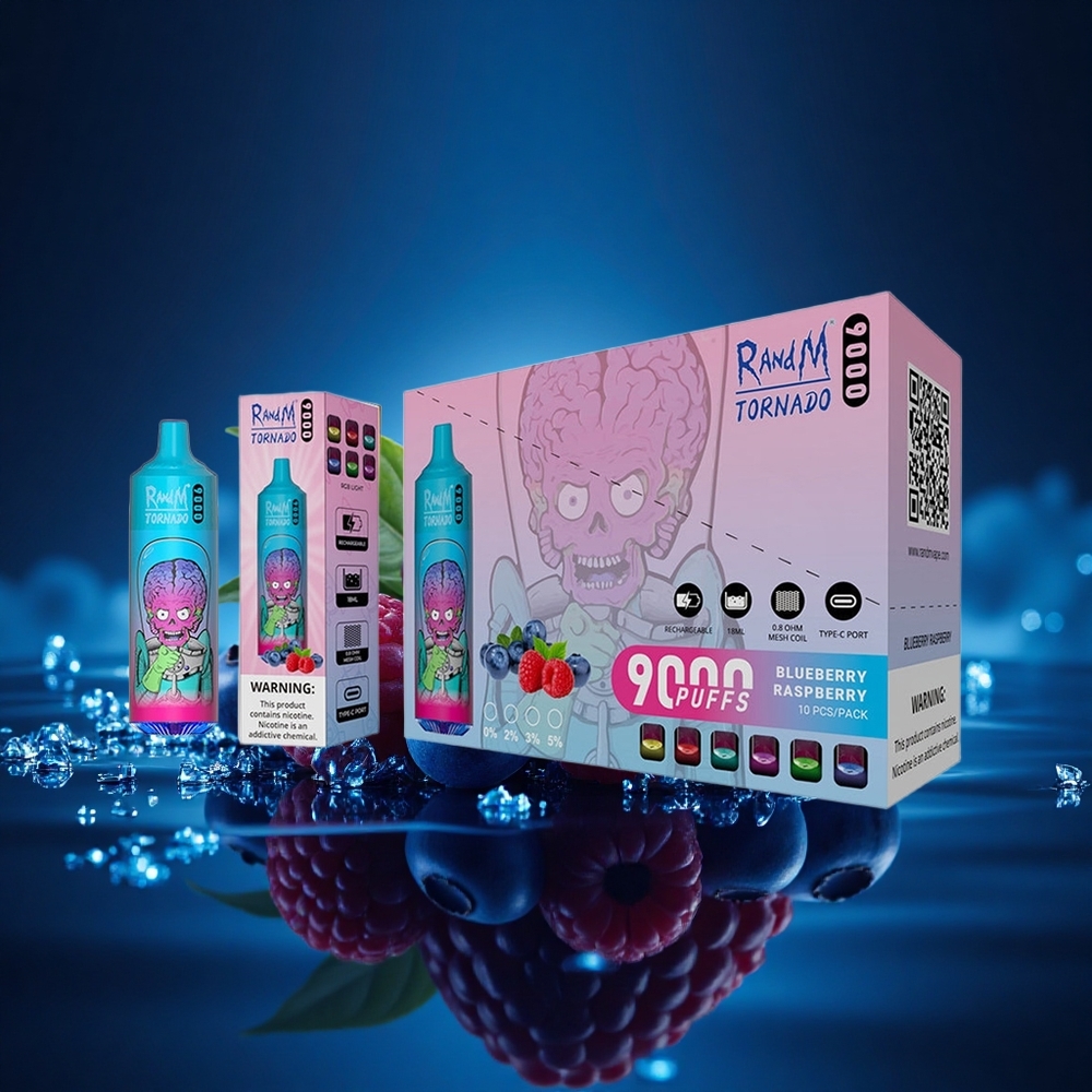 RandM Fumot Tornado 9000 Puffs Arándano Frambuesa 850 mAh Pantalla RGB