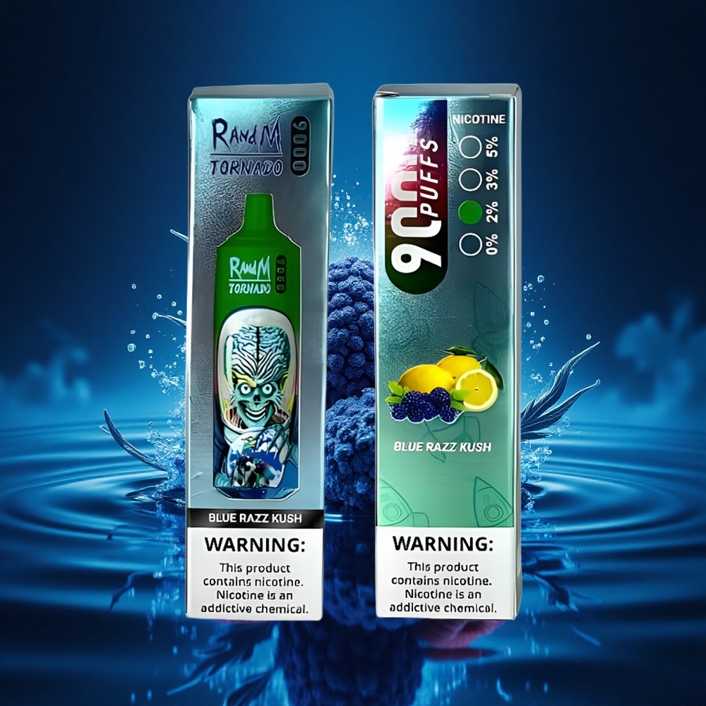 RandM Fumot Tornado 9000 Puffs Azul Frambuesa Kush con Pantalla RGB y Bobina Malla