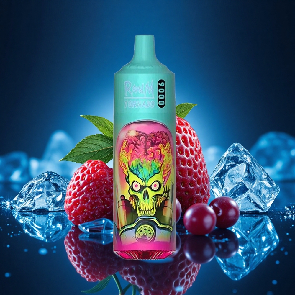 RandM Fumot Tornado 9000 Puffs Fresa Frambuesa Cereza Hielo con Pantalla RGB y Bobina Malla