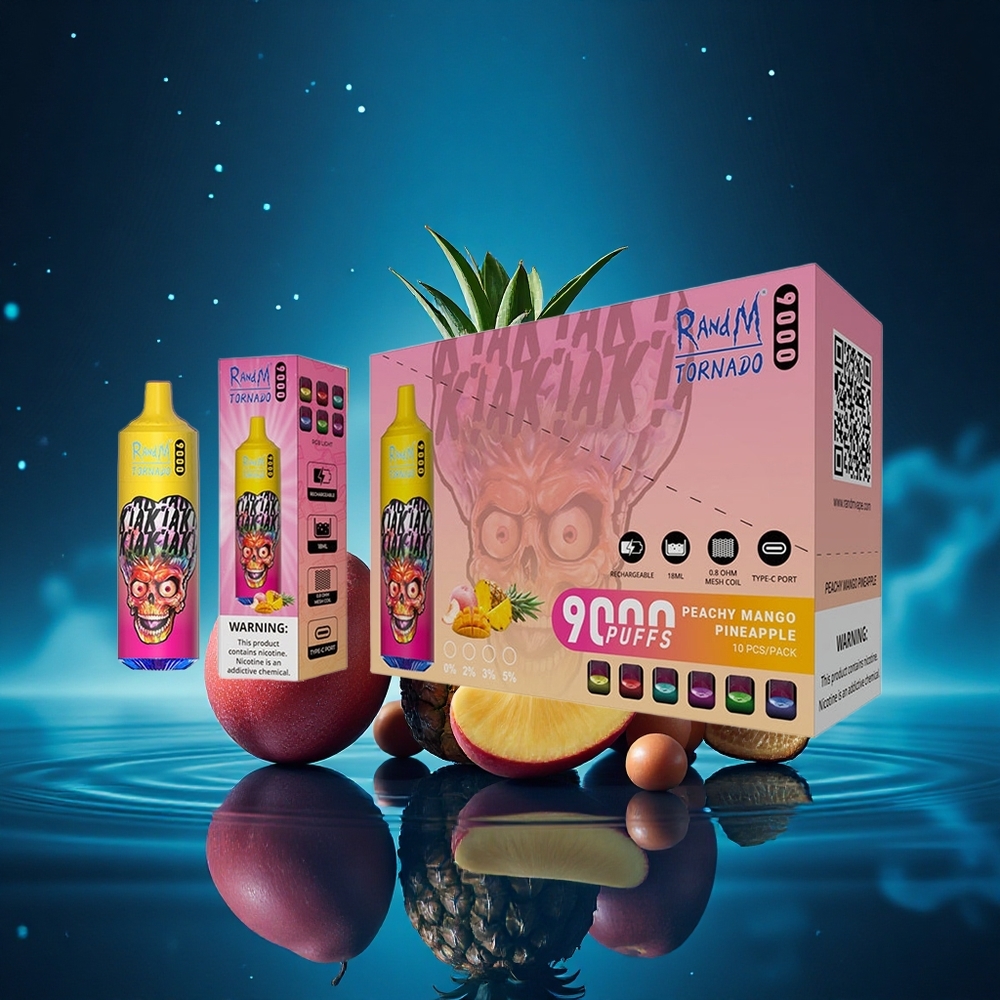 RandM Fumot Tornado 9000 Puffs Mango Piña Melocotón con Pantalla RGB y Bobina Malla