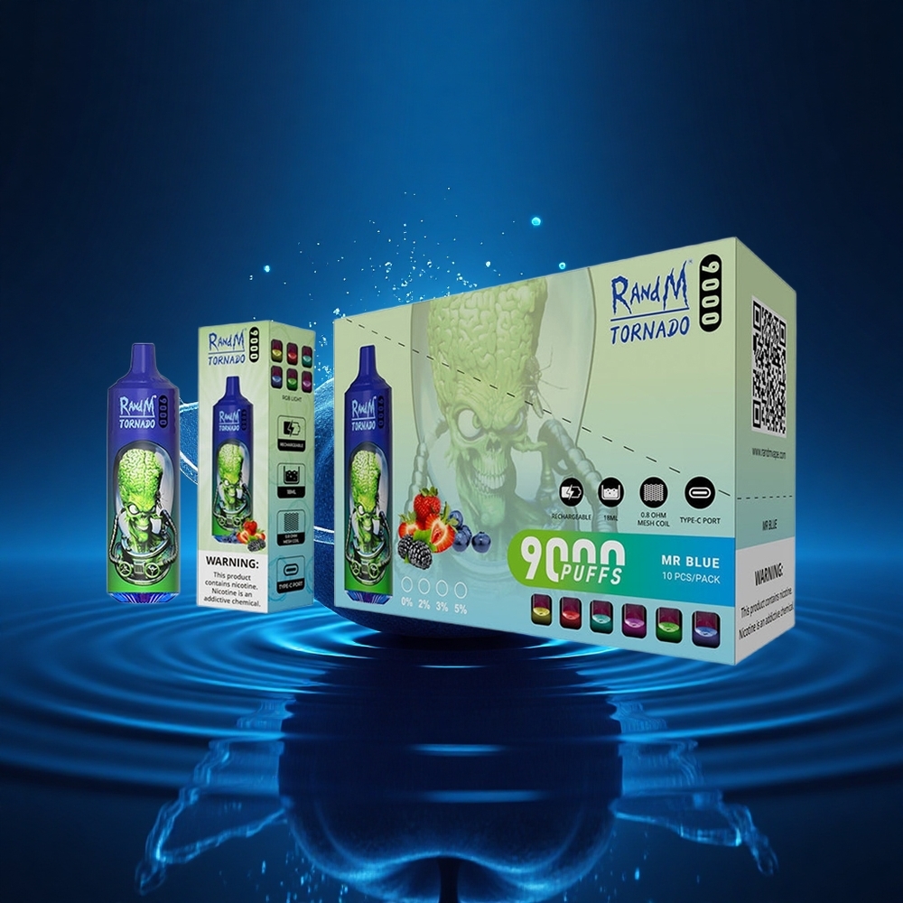 RandM Fumot Tornado 9000 Puffs Señor Azul 18mL Pantalla RGB