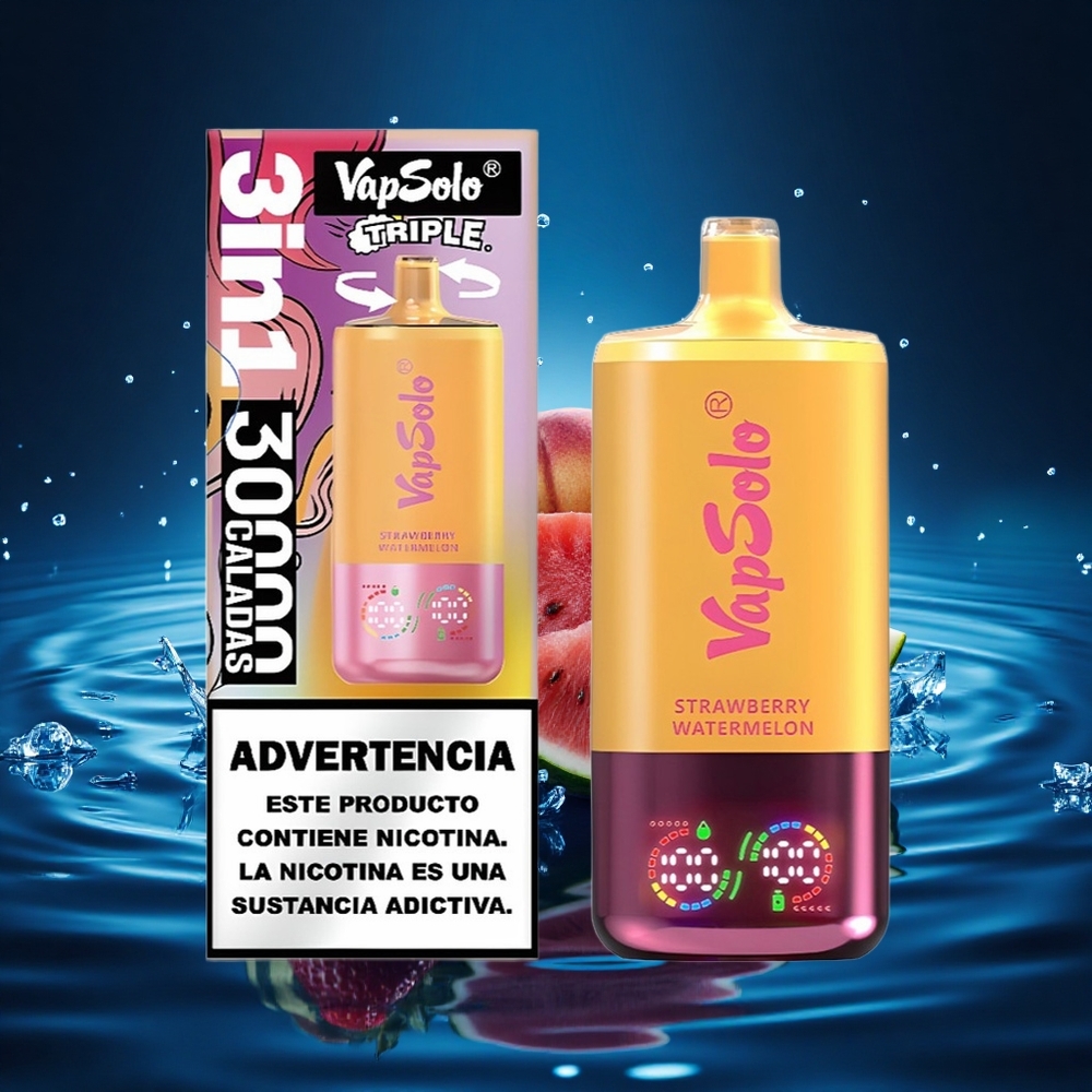 Vapsolo Triple 30000 Puffs Fresa Sandía & Limón Durazno con 40ml y Tipo-C