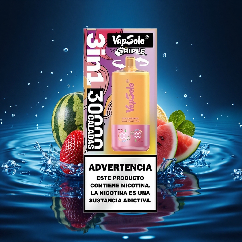 Vapsolo Triple 30000 Puffs Fresa Sandía & Limón Durazno con 40ml y Tipo-C